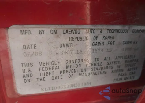 2009 Chevrolet Aveo Lt from USA, damaged, VIN KL1TD66E39B321854